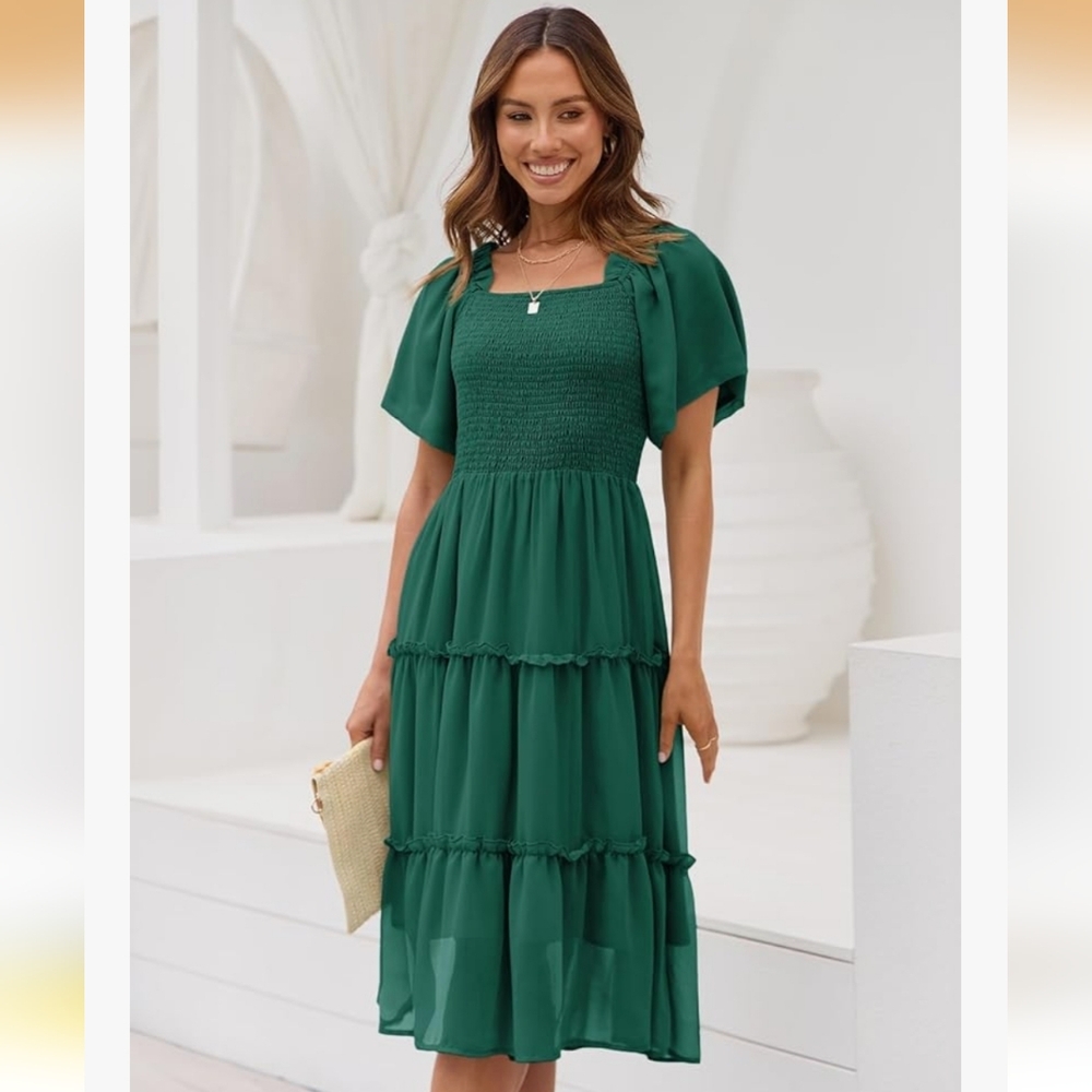 Smocked Square Neck Tiered Midi Dress - Picture 2 of 12